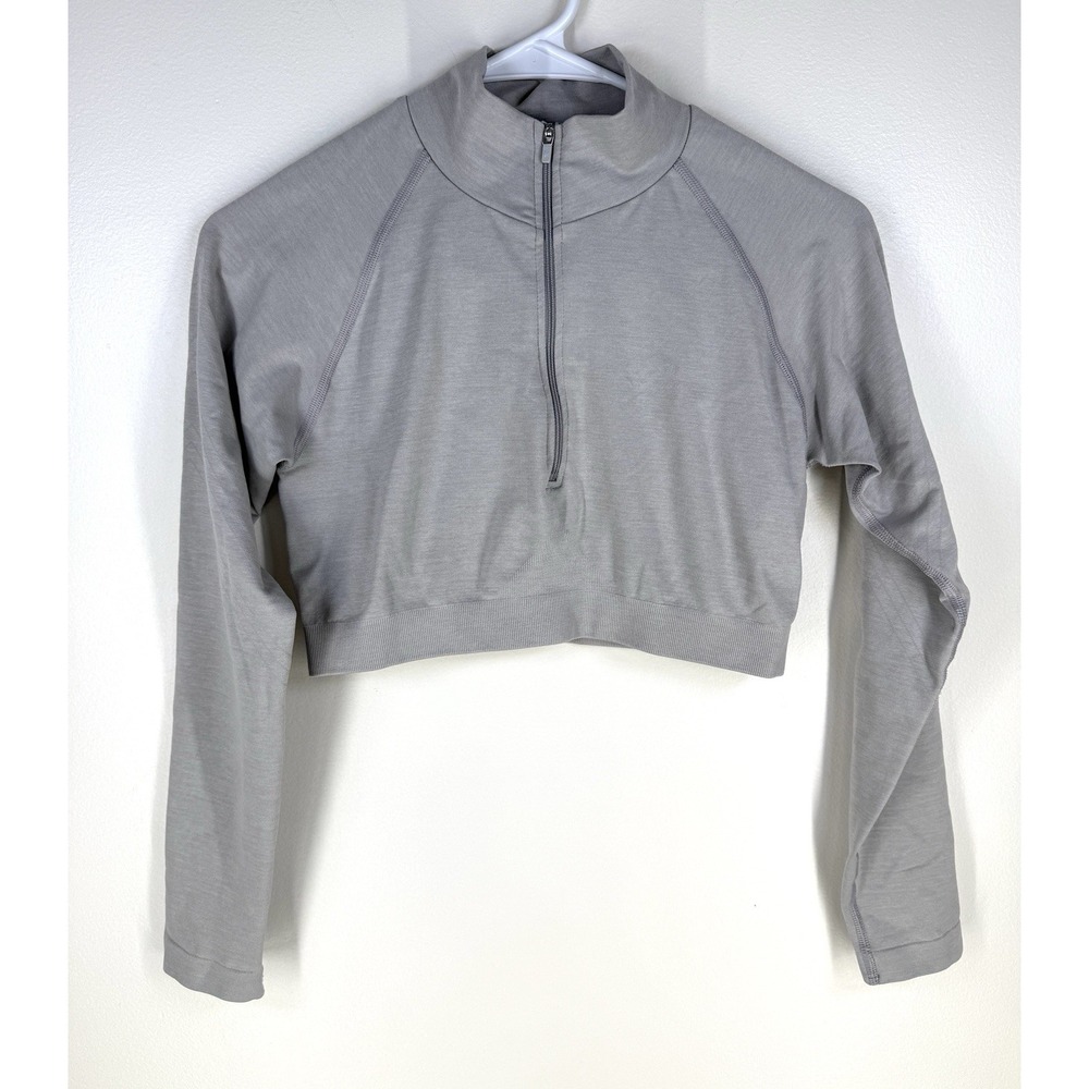 Youngla For Her Core Hourglass Quarter Zip Top Gym Gray Cropped Long Sleeve M